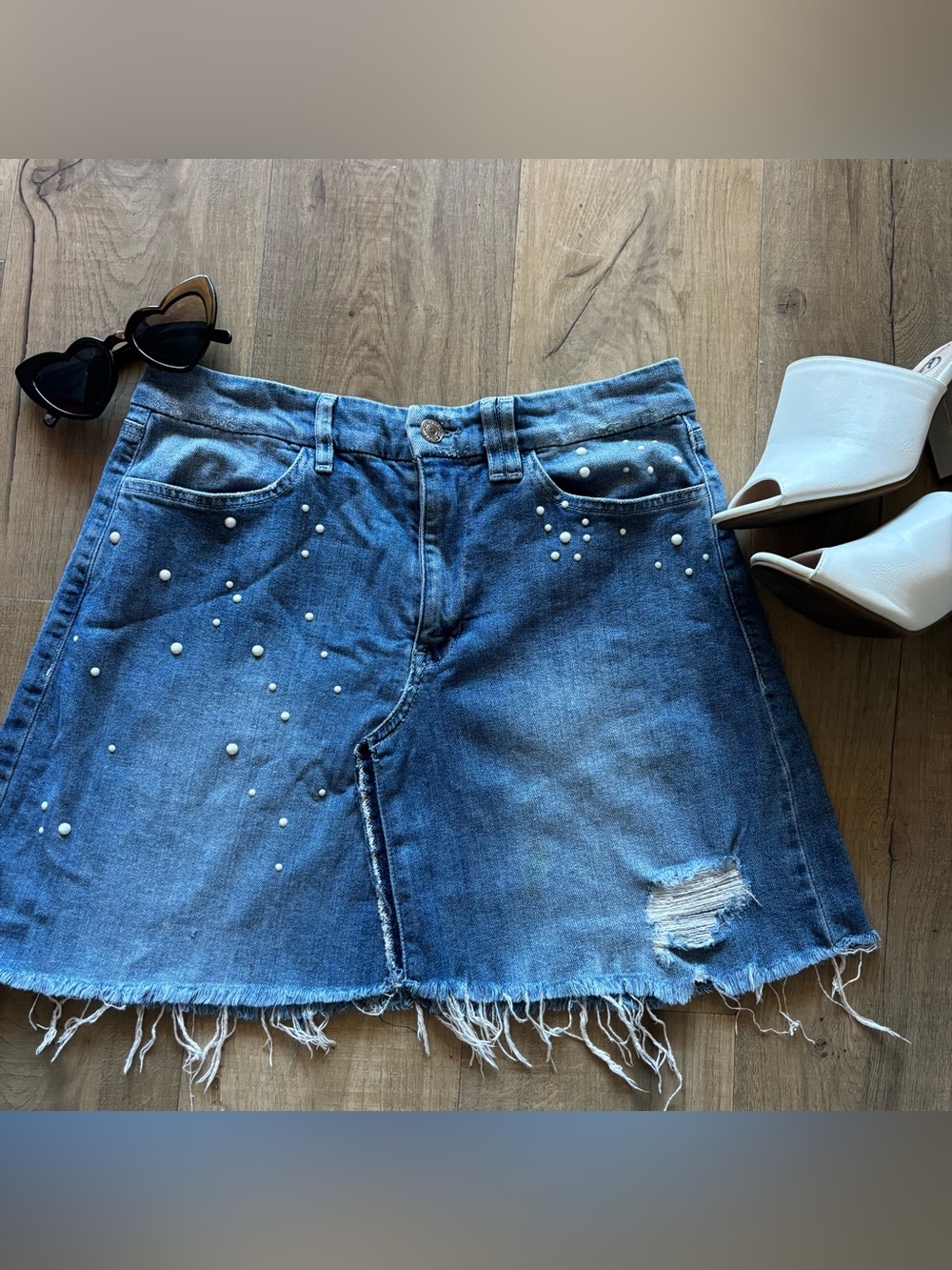 Guess Blue Pearl-Embellished Distressed Denim Mini Skirt